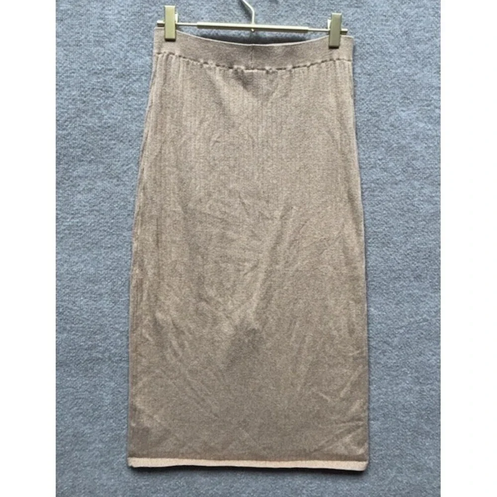 Free People Skyline‎ Midi Skirt Linerless Beige Ribbed Knit Slit Hem Medium EUC